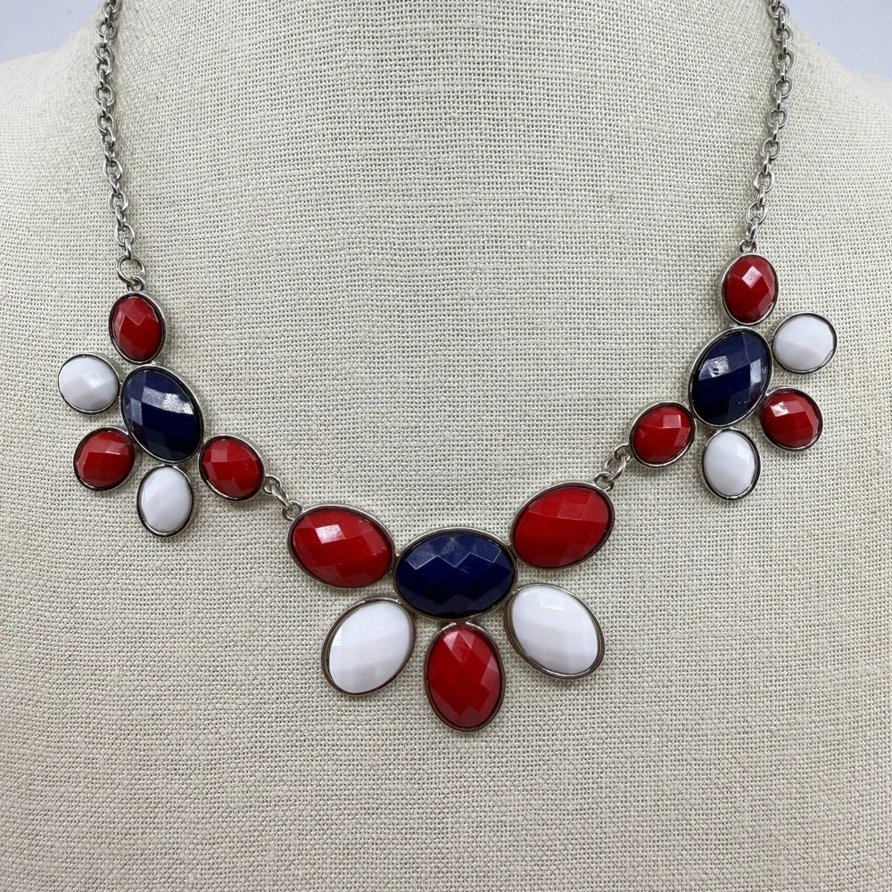 Charming Charlie Red White Blue Faceted Stone Bib Necklace Silver Tone Patriotic